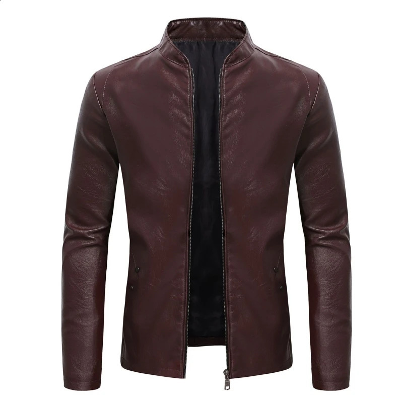 2024 Spring Mens Business Casual Slim Longsleeved Pu Leather Jacket Side Seam Pocket Zipper Solid Color 251015