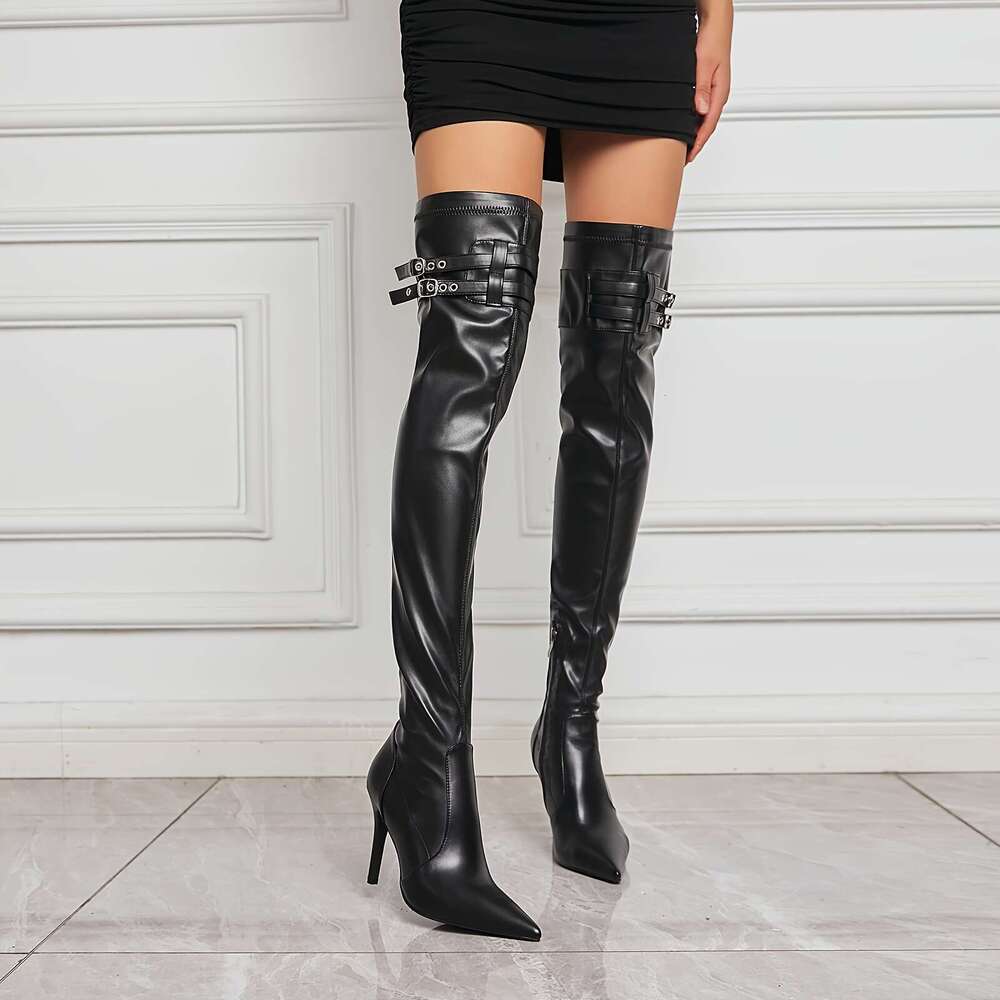 1Pr Women's Solid Color Knee-High Boots - Pointed Toe, Stiletto Heel, Zipper Closure, Faux Upper, Fabric Lining, Man-Made Insole & Sole