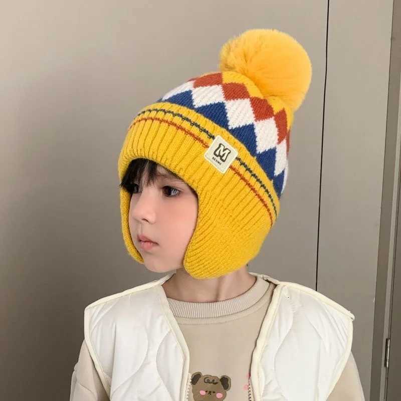 New Kids Knitted Hat Warm Winter Hat with Plush Pom Earmuffs Childrens Windproof and ColdProof Beanie Childrens GiftL251024