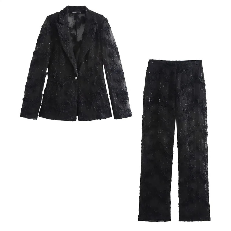 Women Elegant Sets Solid Color Sequin Decorative Semi Transparent Pants Set Flower Texture Blazer Top Set Lady 2 Piece 251023