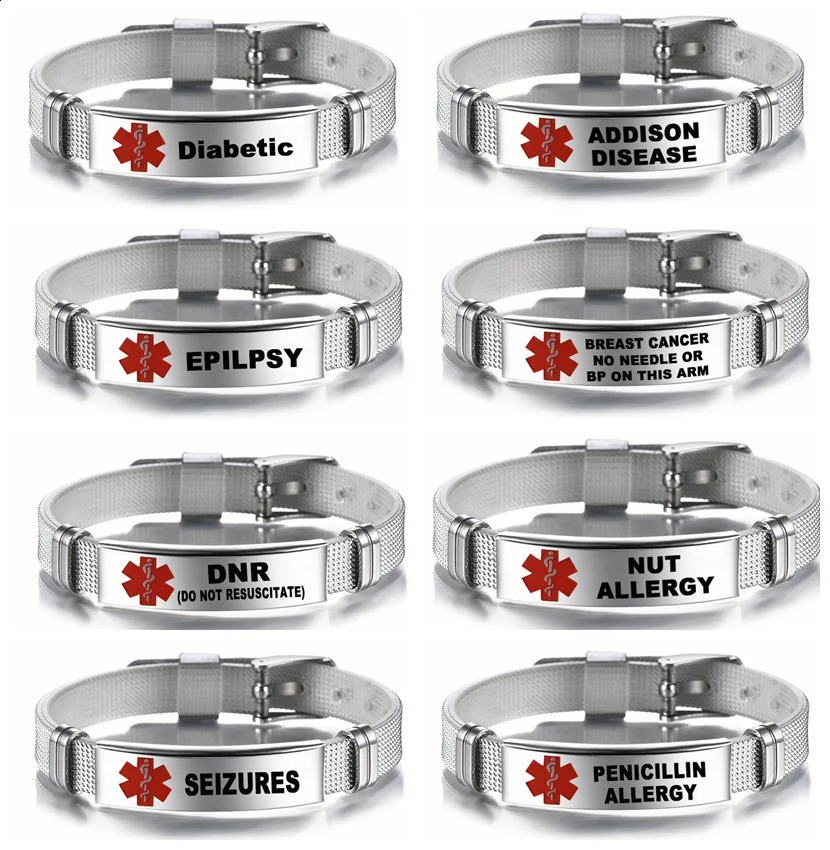 Personalized Alert ID Bracelet Laser Engraved Allergy Stainless Steel Mesh Belt Wristband Emergency Bangle for Men Women 251014