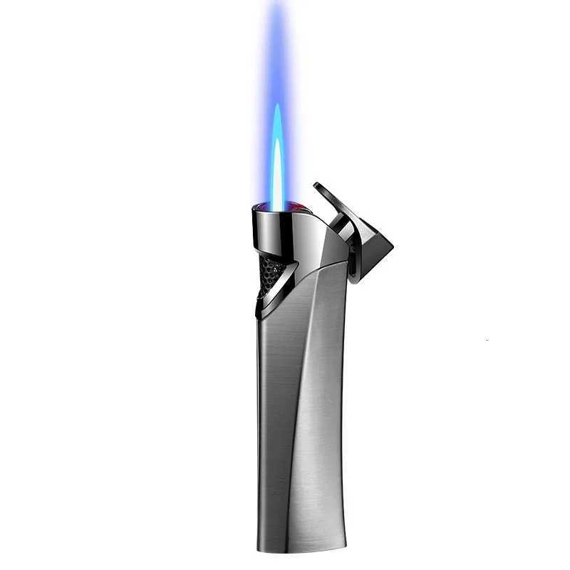 New Streamlined Long Windproof Lighter Compact Metal Brushed Inflatable Straight Jet Cigarette Lighter Smoking Accessories D251024