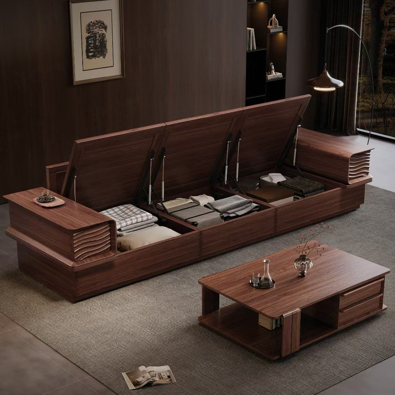 Customizable Solid Wood Black Walnut Sofa with Storage Living Room New Chinese Style Multifunctional Furniture for Small Apartment