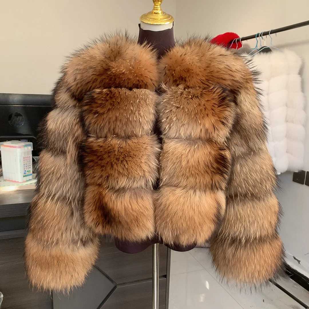 Womens Natural real fur Coat and real Raccoon Fur jacket winter warm thick Long SLeeve fur jacket 100 real fur Top H251024