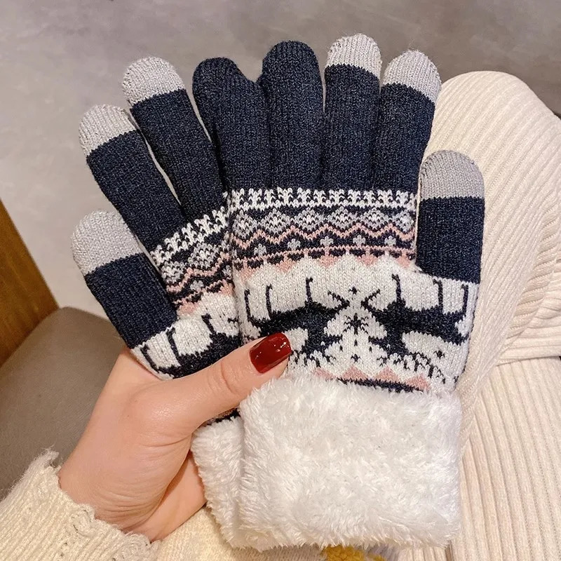 Christmas Reindeer Knitted Gloves Plush Cuff Thick Warm Glove Autumn Winter Soft Coldproof Full Finger Touchscreen Gloves 251021