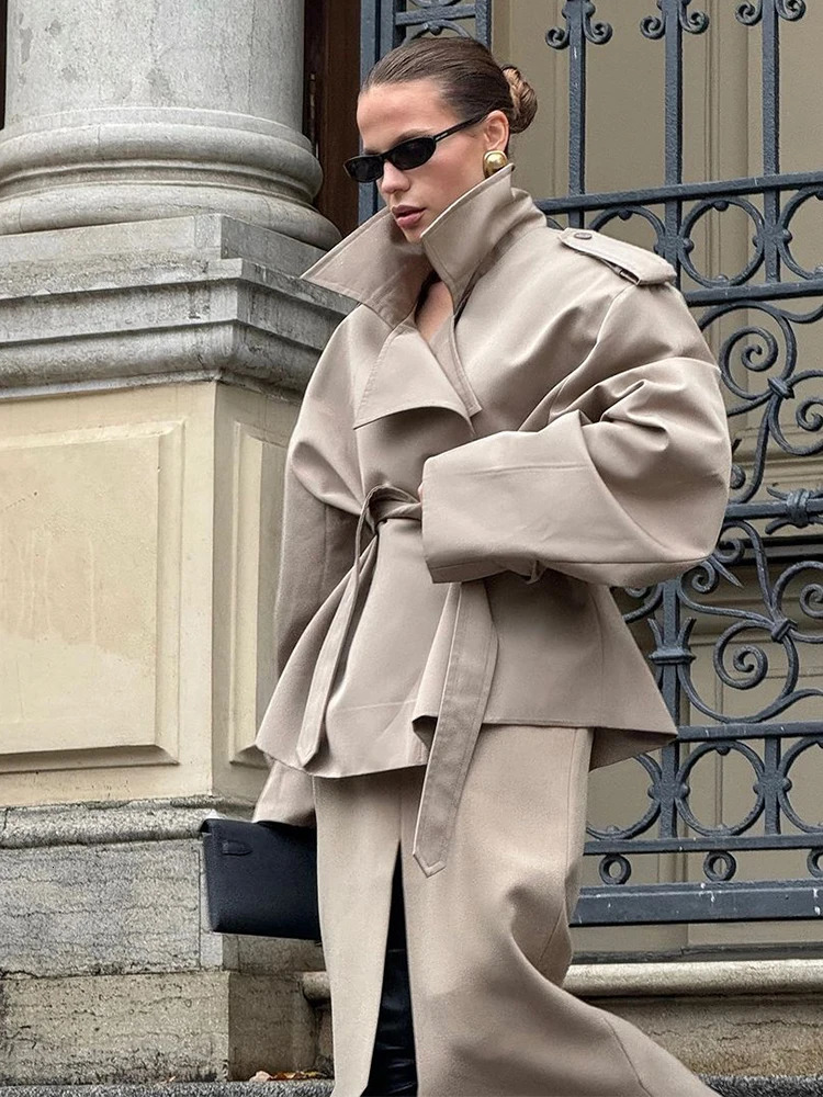 Womens Wide Shoulder Windbreaker Coat Autumn Laceup Lapel Long Sleeve Jackets Fashion Daily Commute Office Lady Outerwear 251021