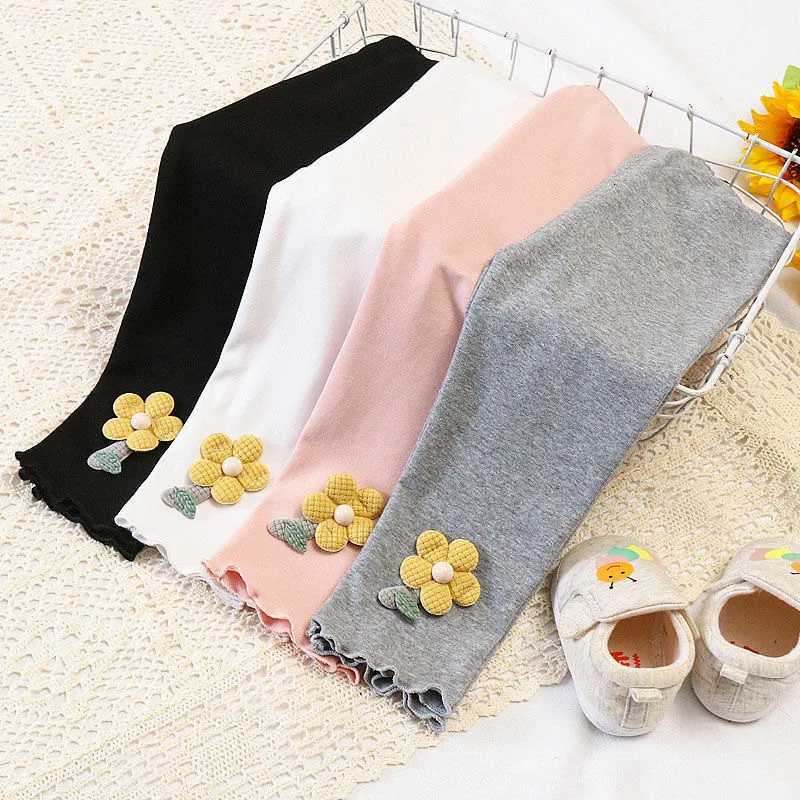 New Spring Autumn Kids Leggings Cute Flower Solid Color Girls Skinny Pants Childrens Outerwear TrousersT251024