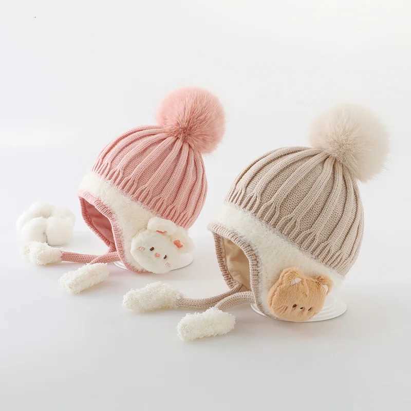 Cute Animal Baby Earmuffs Cap Winter Warm Ear Protection Hat Velvet Lining Kids Beanie Plush Ball Children Woolen Knit Hats 13YL251024