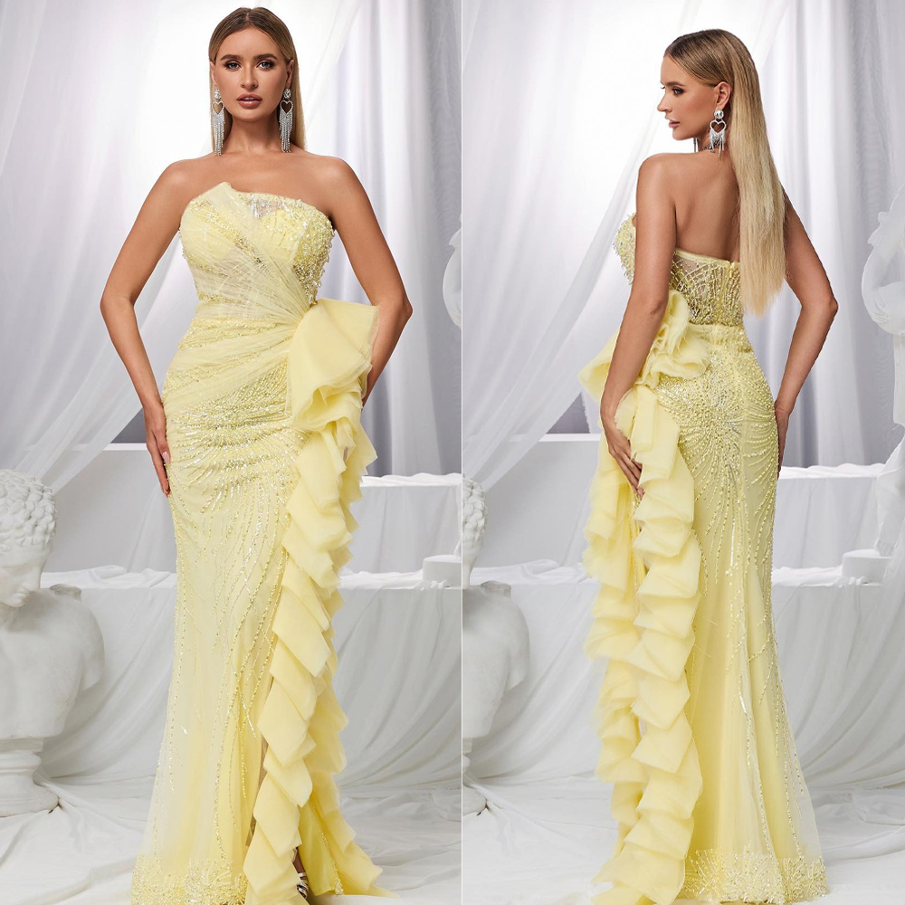 Classic Evening Dresses Sequins Beaded Lace Gown Strapless Sleeveless Split Side Floor Length Dress Party Customized Dress
