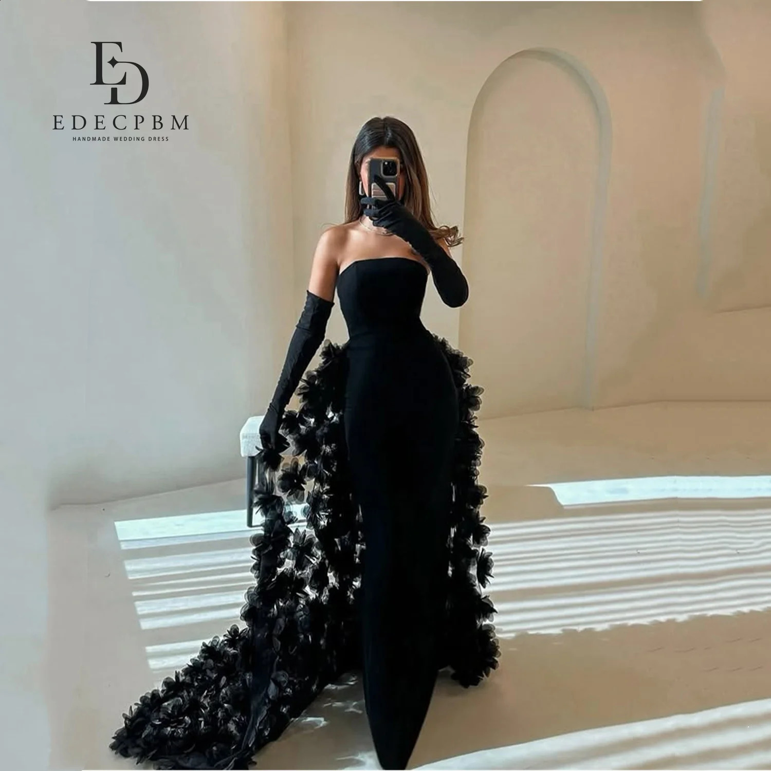 EDECPBM Saudi African Mermaid Dress Women Party Black 3D Flowers Tail Dress With Feathers Customized Evening Wedding Prom Events 251023