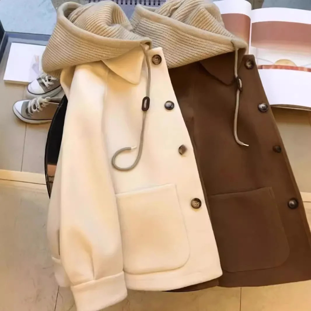 Womens Knitted Woolen Coat Vintage Loose Fit Hat n Thick Korean Style Autumn Winter Outerwear Fashionable Casual 251016