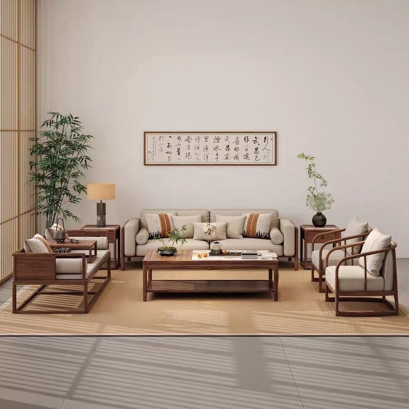 Black Walnut Solid Wood Sofa New Chinese Style Modern Minimalist Song Dynasty Aesthetic Living Room Large Apartment Combination Furniture