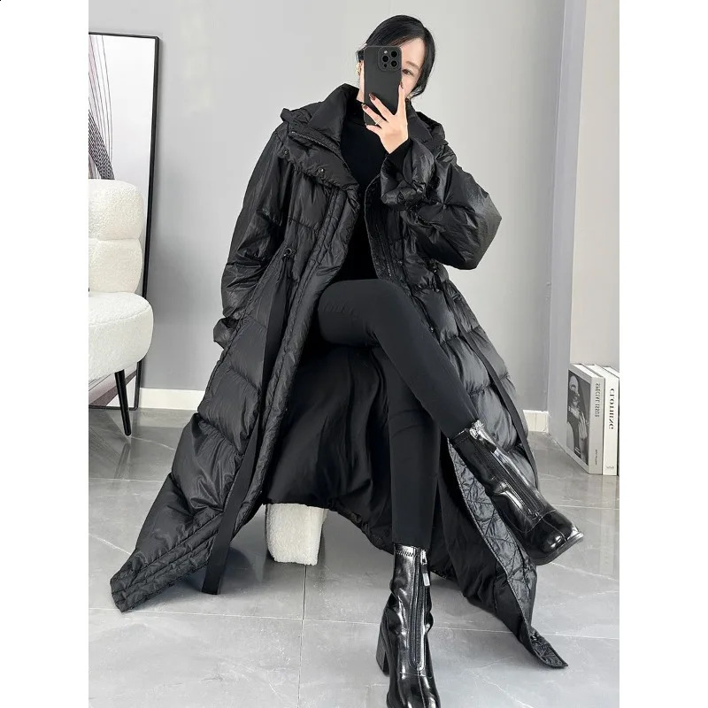 Super Long Warm Thickened Down Jacket Temperament Womens Clothing Hooded Foreign Style White Duck Coat 251018