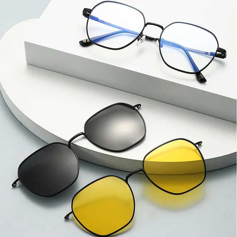 2024 Polarized Sunglasses Men Women 3 In 1 Magnetic Clip On Glasses Hexagon Alloy Frame Night Vision AntiBlue Light EyeglassT251024