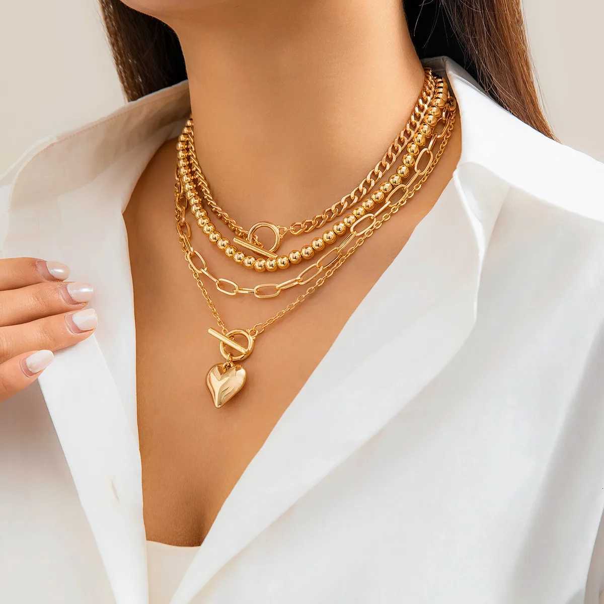 PuRui Multilayer CCB Heart Charm Choker for Women Link Chain Beaded Necklace Jewelry On The Neck Collar Party Ladies Gifts NewXJ251024