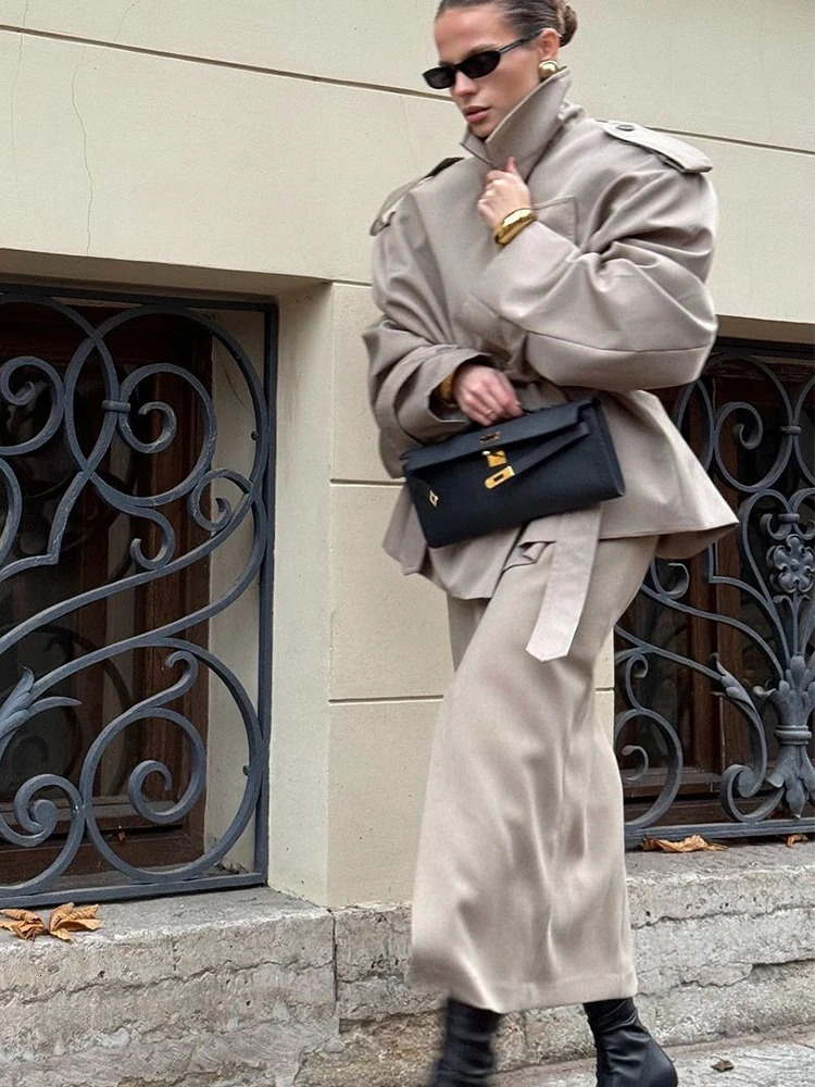 Elegant Lapel Lace Up Jacket Women Fashion Solid Long Sleeves Button Cropped Trench Coat Autumn Lady Daily Commute Outwear 251021