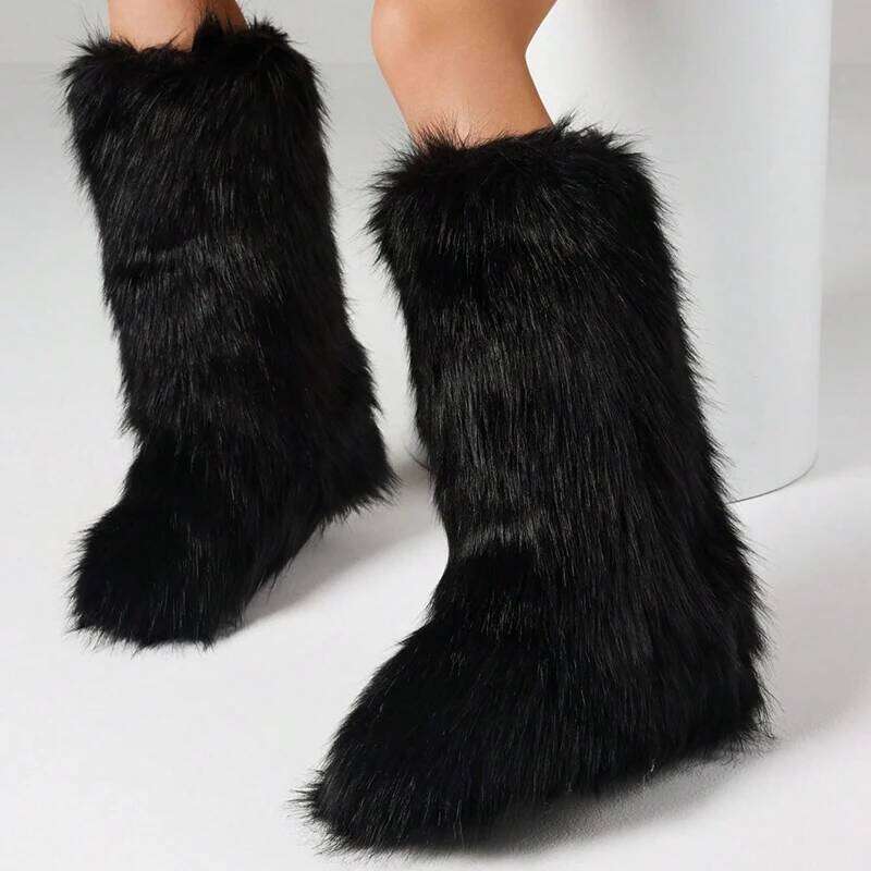 Furry Fluffy Snow Boots Warmplush Knee High Flats Fashion Punk Goth Cosplay Women Winter Shoes