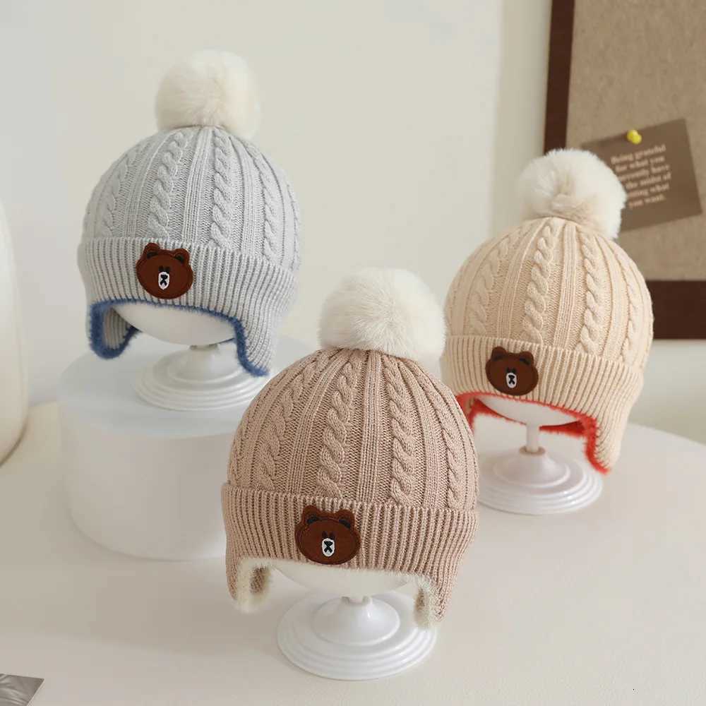 New Autumn Winter Knitted Baby Hat for Girls Boys Toddler Bear Pompom Hat with Earmuffs Outdoor Warm Ear Protection Hat for KidsL251024