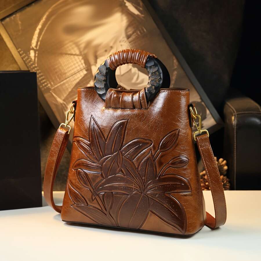Vintage Floral Pattern Wo, Light Brown, Removable Strap, Zipper Closure, Polyester Lined, Painted, Fashionable Ethnic Style Handbag For Daily Commute