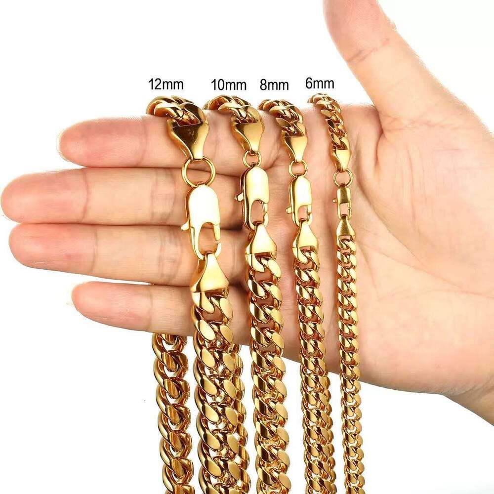 Gold Miami Cuban chain necklace men's hip-hop jewelry necklace 6/8/10/12mm wide men's titanium steel necklace stainless steel Cuban Lobster 