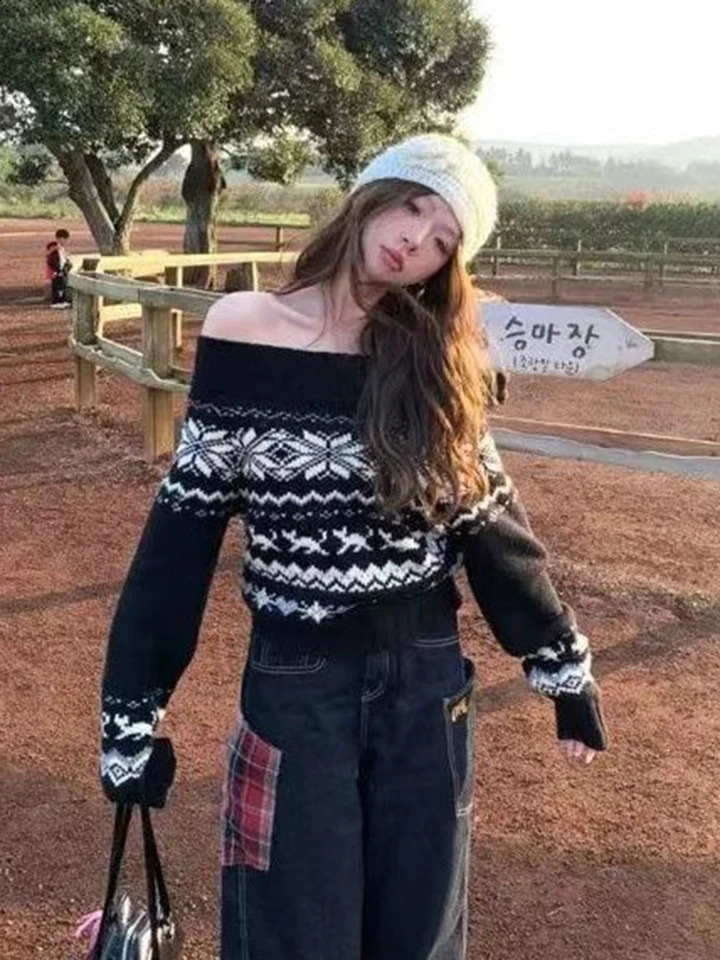 Sweet Jacquard Knit Sweater Women Slash Neck Off Shoulder Long Sleeve Pullovers Vintage Striped Print Korean Harajuku Jumpers 251023