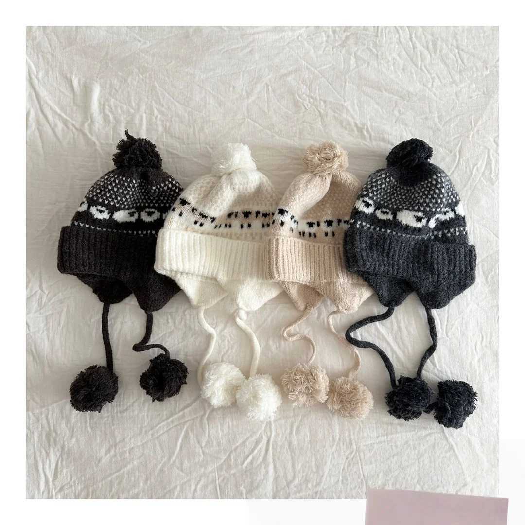 Kids Knit Baby Hat Winter Beanie with Earflaps Pom Poms Warm Autumn Winter Childrens Knitted HeadwearL251024