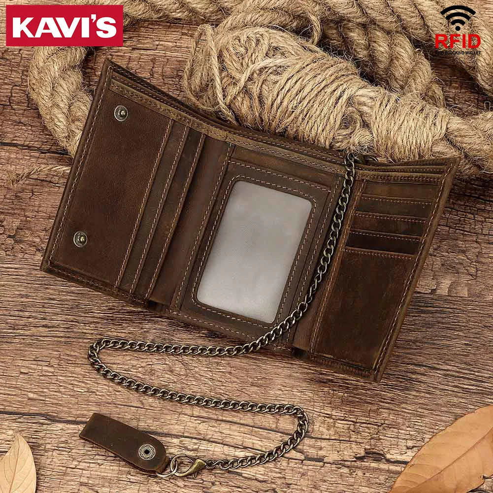 KAVIS Crazy Horse Leather Wallet For Men With AntiTheft Chain Trifold Male Clutch Money Bag y Small Coin Key Purse 251014