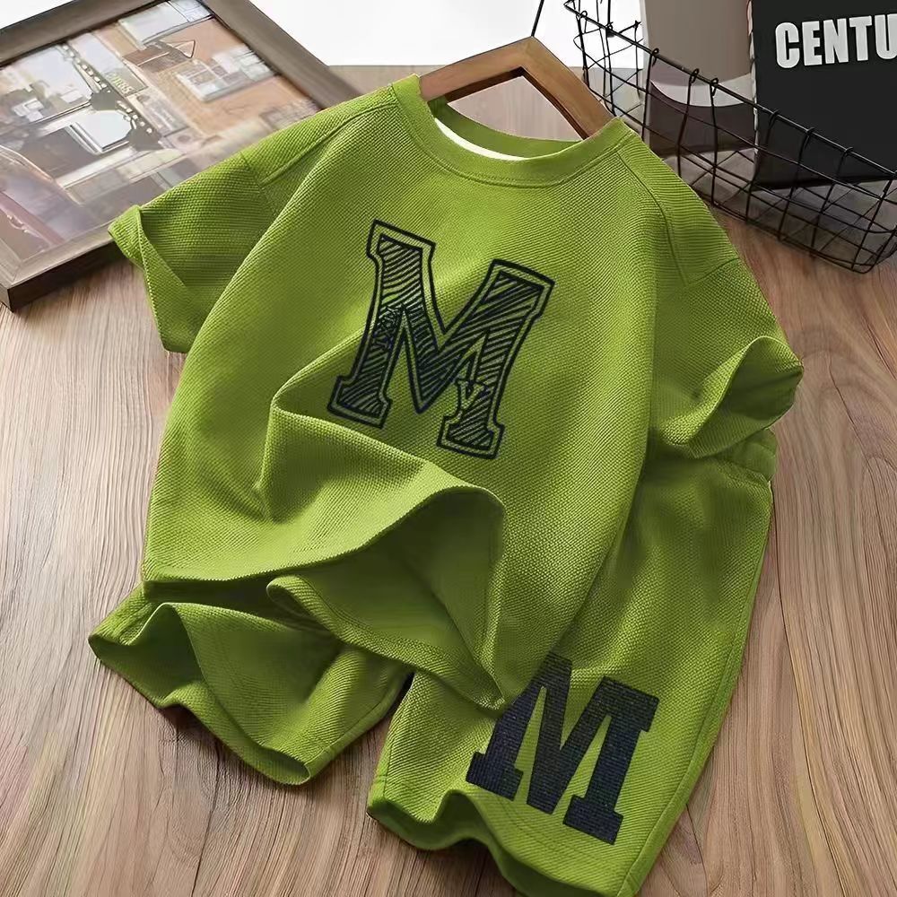Free Shipping Boys Short Sleeve Set 2025, Loose Fit Comfortable and Breathable Summer Outfit, Fashion Printed Casual Two-Piece