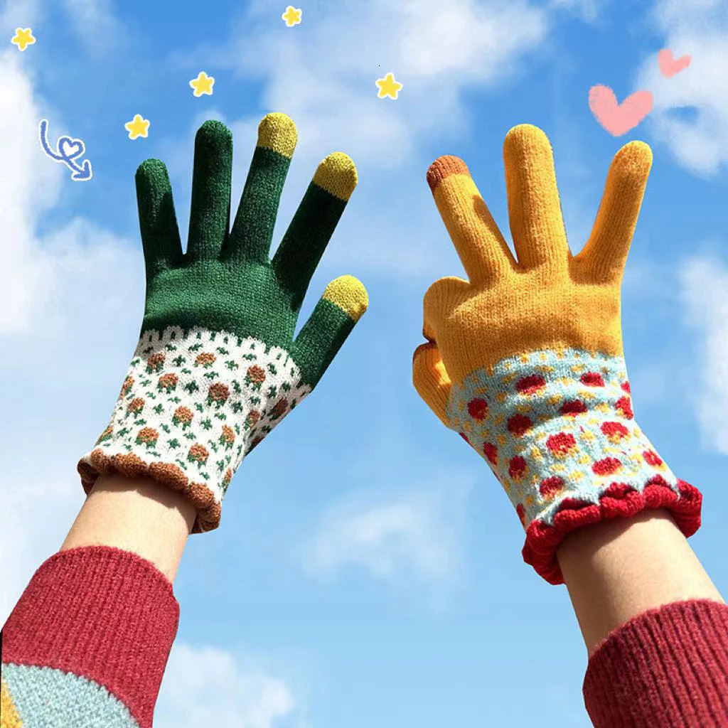 1 Pairs Womens Gloves Korean Flower Kawaii For Girl Sweet Cute Versatile Knitted Mittens Thickened Velvet Warm Soft Gloves 251023
