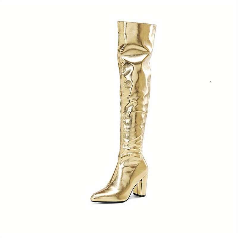 Golden Siery Glossy Cover Long Boots Tube Model Show Competition Thick High Heel Catwalk Women's Shoes
