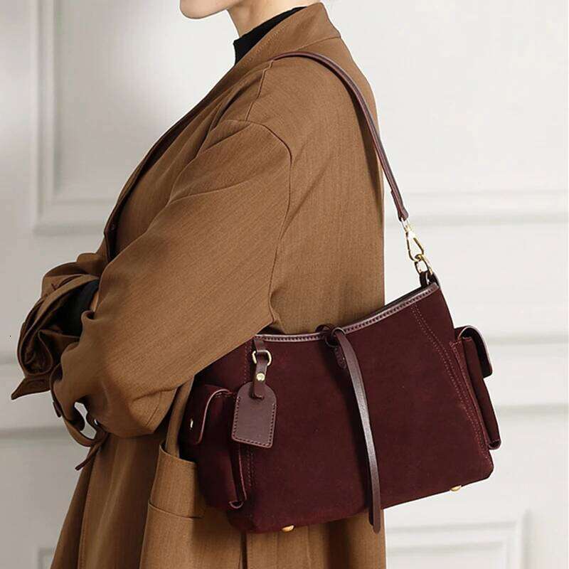 Burminsa Suede Cowhide Genuine Leather Underarm Shoulder Bags For Women 2025 Designer Bucket Crossbody Ladies Handbags