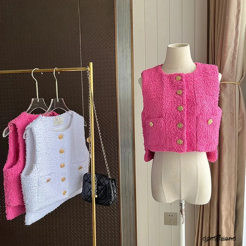 Tweed Vest Womens: Elegant O-Neck Sleeveless Wool Jacket, Korean Style Jacket. Lightweight Pink And White Coat For Women Ddmyfriend