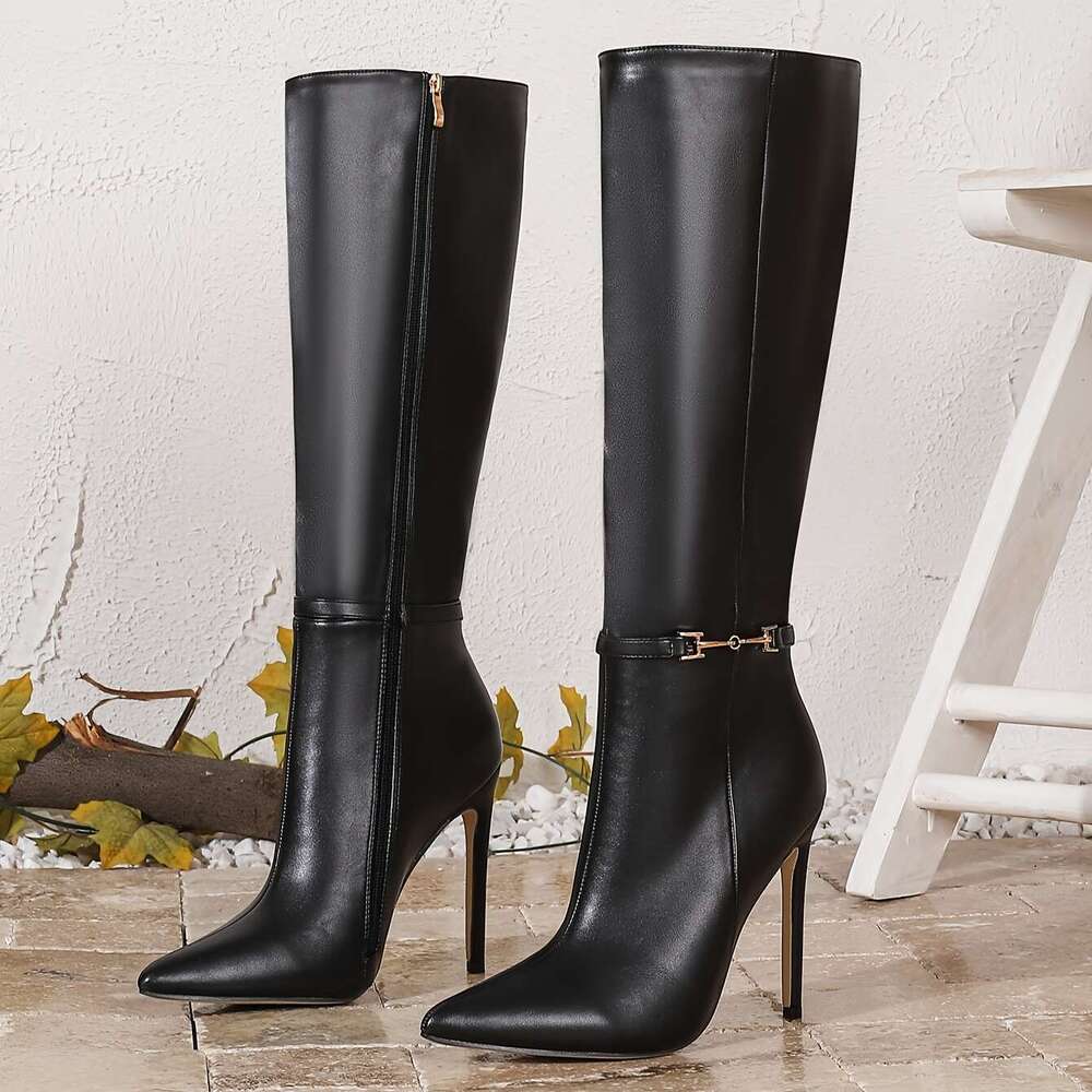 Women's Black High-Heel Knee-High - Stylish Pointed Toe, Closure, Synthetic, Ultra High Heel, Fashionable For Parties And Events, Formal Footwear