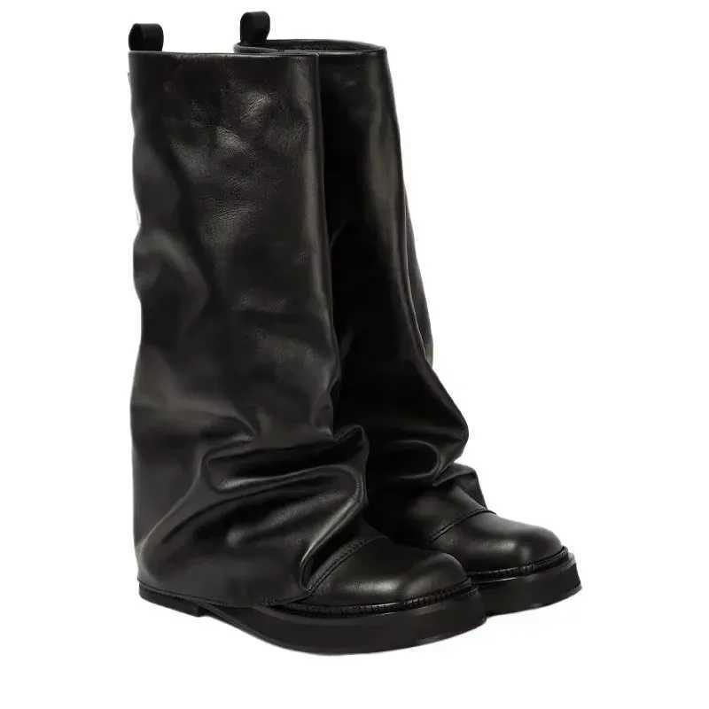 Brand Fashion 2024 New Autumn And Winter Round Head Long Boots Leather shoes Metal Knight Boots Fold Flat Boots Punk Style X260526