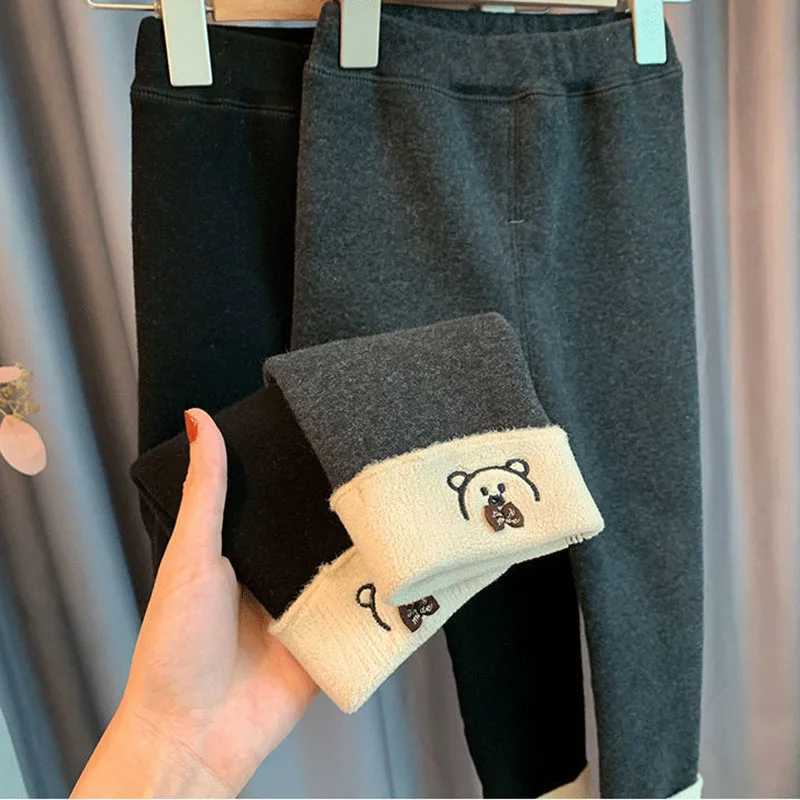 Kids Girls Winter Leggings Childrens Plus Velvet Warm Trousers Thick Lamb Fleece Tights Cartoon Bear Baby Girl Pencil Pants NewT251024