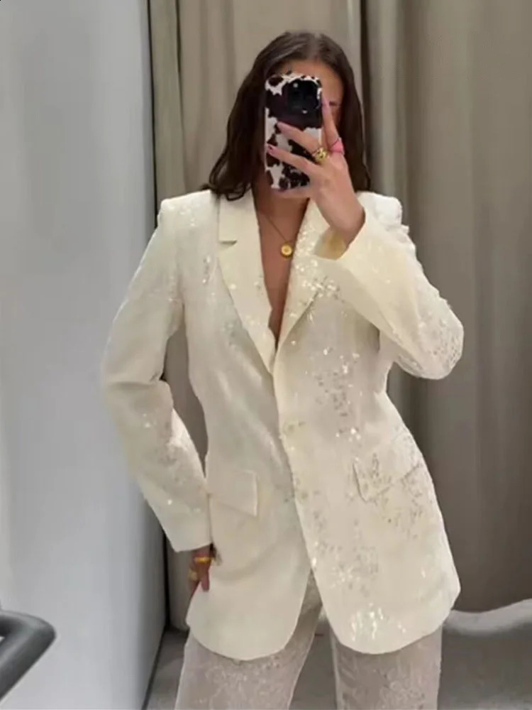 HH Female Sequins Sets TurnDown Collar Pockets SingleBreasted BlazersHigh Waist Zipper Trousers Womens Autumn Pant Set 251023