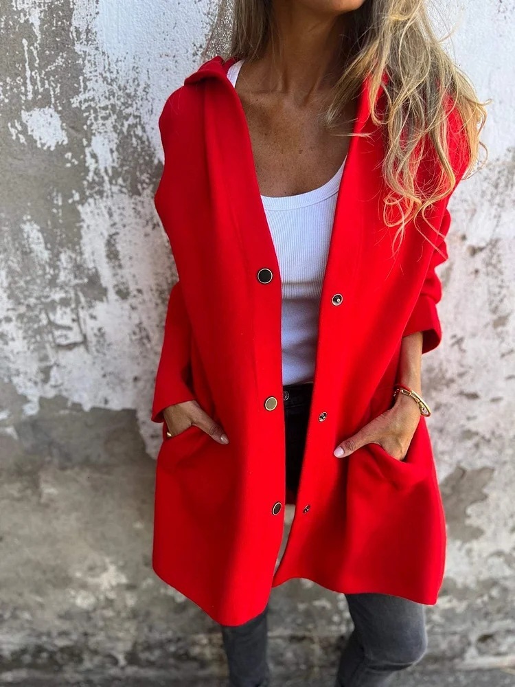 2025 Autumn Winter Solid Color Casual Single-Breasted Hooded Jacket Coat