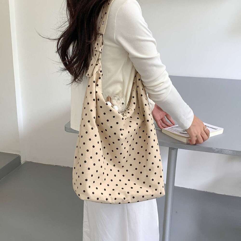New Casual Polka Dot Women, Cotton Trendy Large Capacity Tote Bag, Lazy Style Commuter Shoulder Bag For Women B5