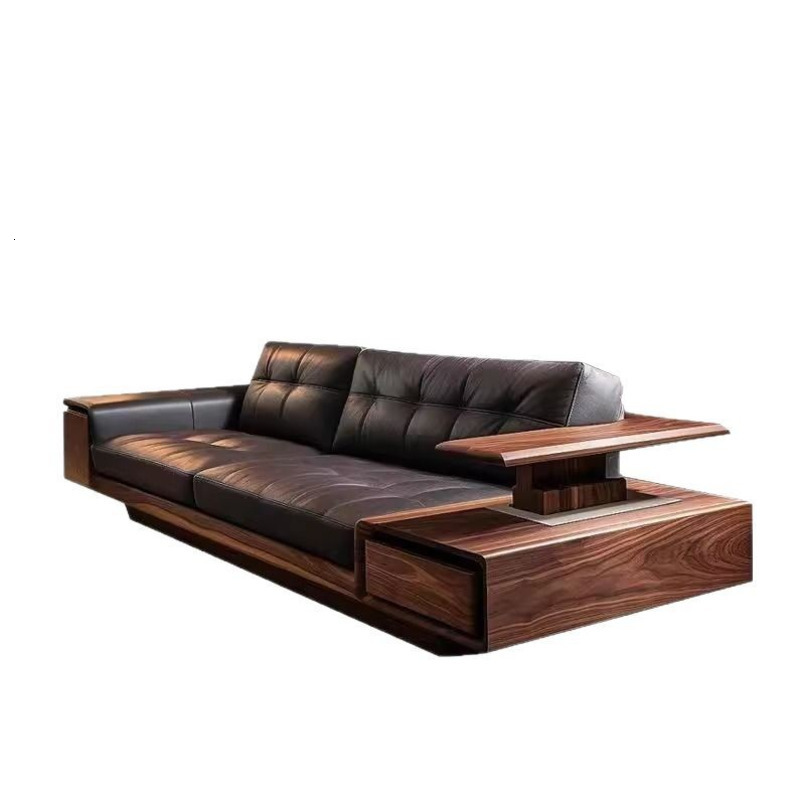 New Chinese Style Black Walnut Living Room High-End Light Solid Wood Straight Row Sofa Leather Art Large Apartment