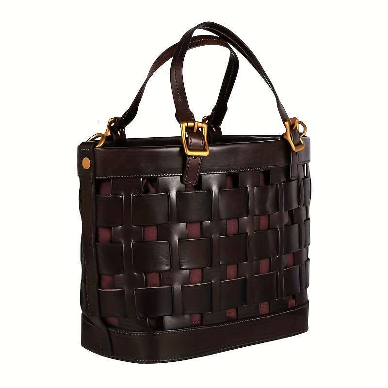 Brown Vintage Style Genuine Leather Woven Handbag For Women With Golden Accents, Zipper Closure, Polyester Lined, Shoulder & Handba