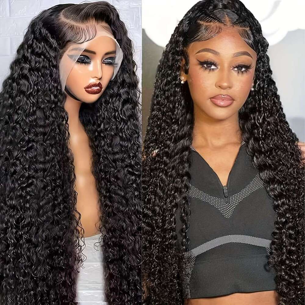 ESTILAR Deep Front Water Wave Curly Natural Black 13X4 HD Lace Frontal Wig Full And Thick Human Hair Wigs for Halloween Christmas Festivals