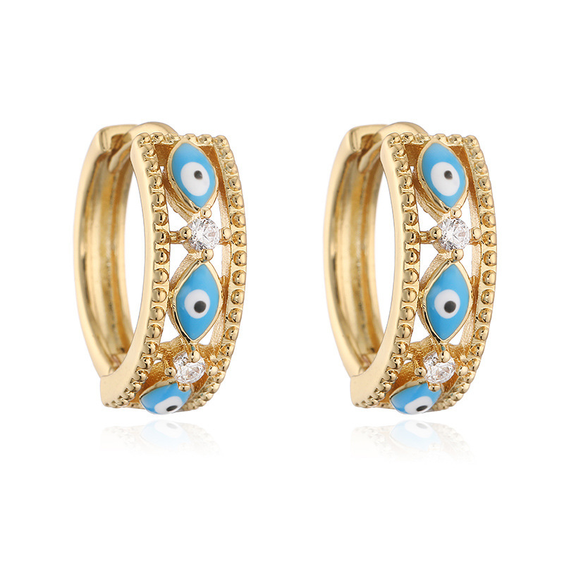 Luxury earrings 18K gold plated S999 sterling silver Devil's Eye earrings with blue diamond inlaid sparkling diamond geometric ring earrings Desi