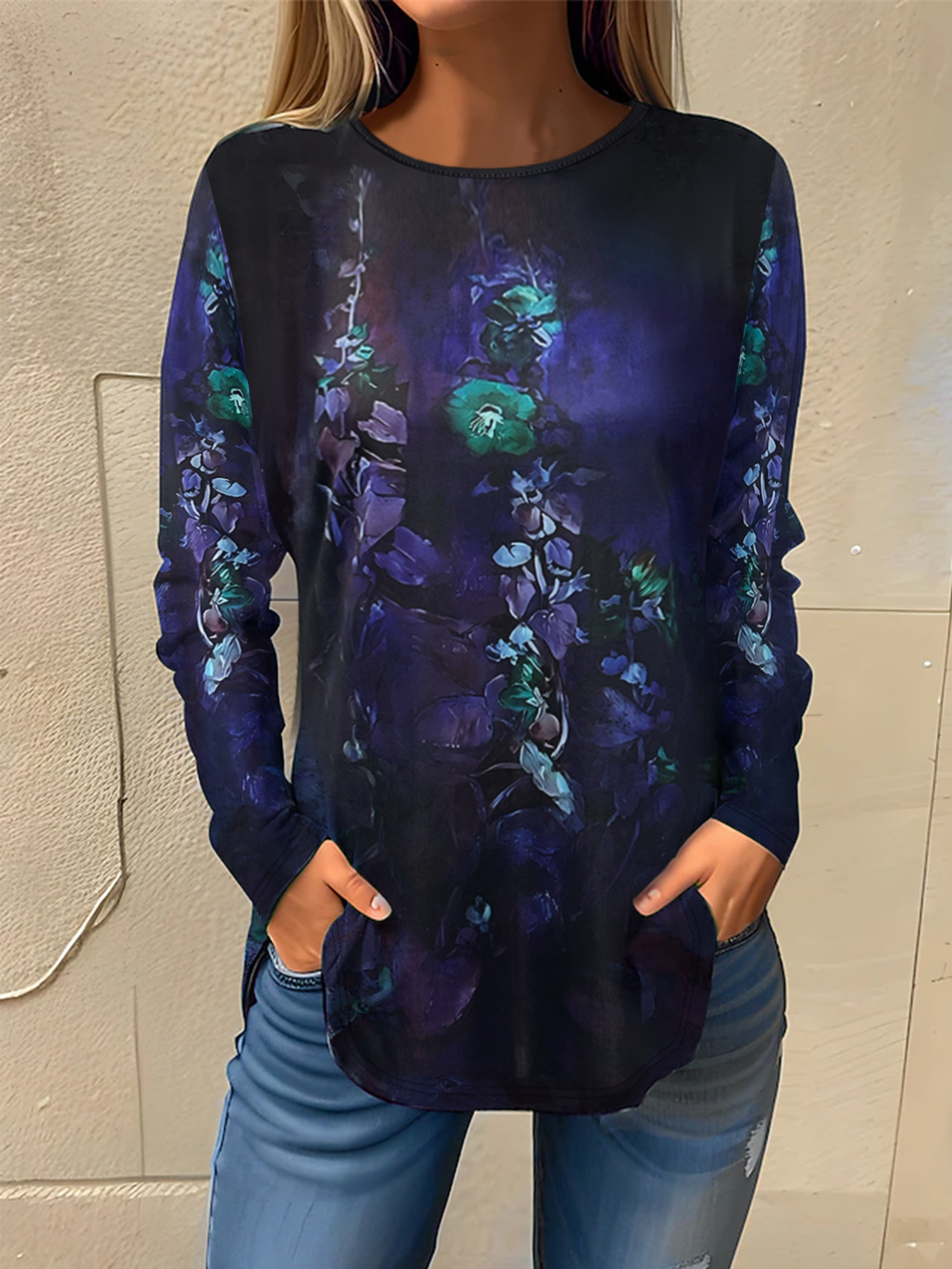 Autumn Winter New Women's Floral Printed Long Sleeve T-Shirt, Milk Silk Casual Loose Top, S-XXL Mixed/Dark Green--CF41374