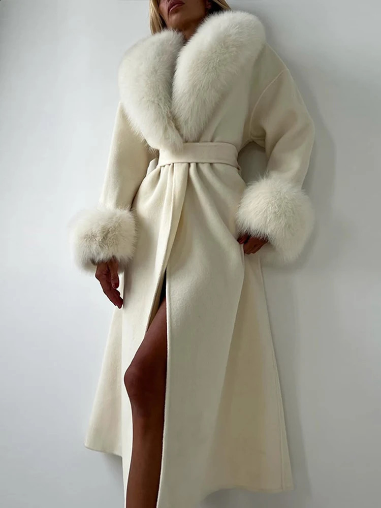 Retro Black Fur Patchwork Woolen Coat Women Chic Full Sleeve Vneck Lace Up Loose Long Overcoat Lady Winter Commute Outwear 251020