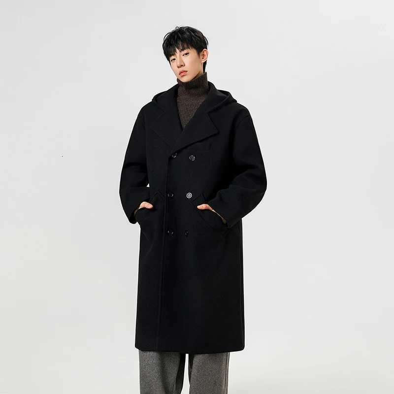 Trench men 2025 new autumn winter men imitation wool fabric hooded wool overcoat suit collar double breasted mid long lengthT251025
