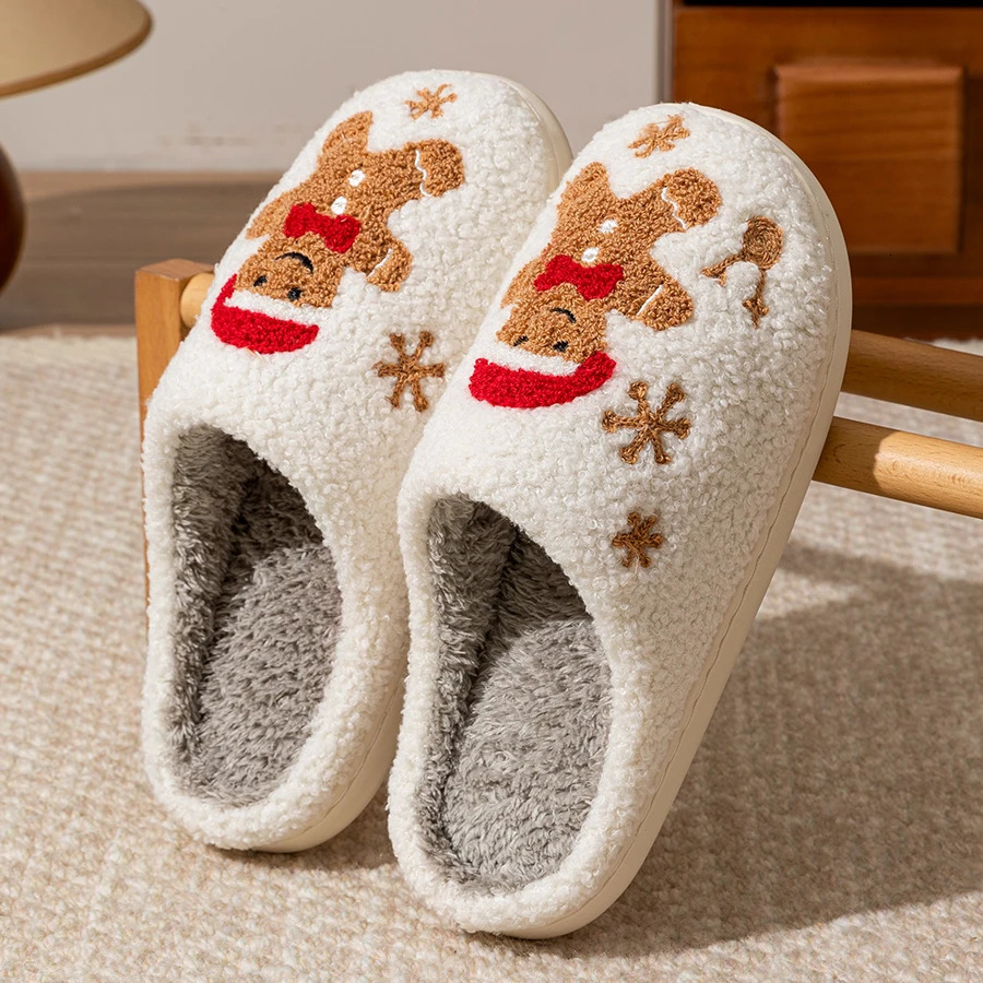 Womens Christmas Slippers Adorable Indoor Festival Gingerbread Man Embroidery Couple Fashion Winter Holiday Christmas Shoes251020