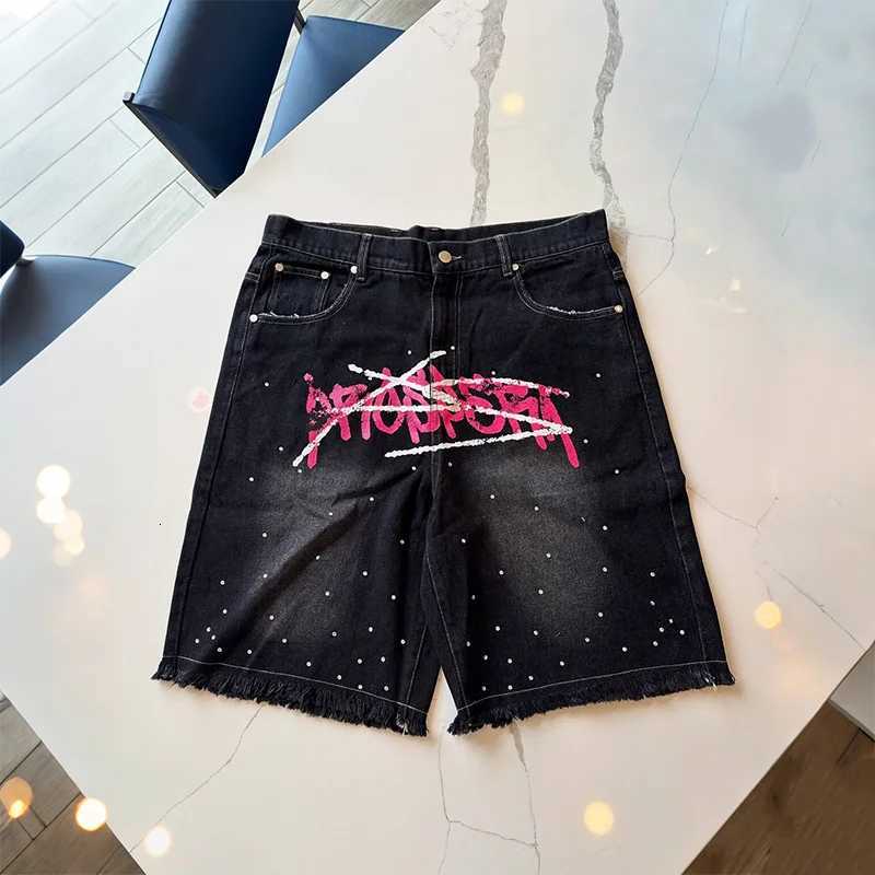 American retro washing jeans graffiti style text print casual fashion denim shorts trendy men and women hiphop streetwearXJ251025