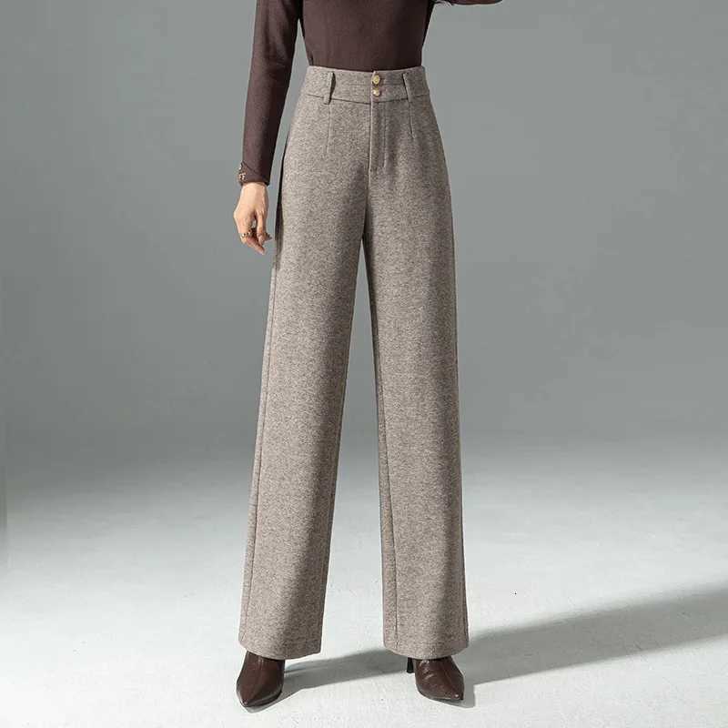 Womens Straight Leg Woolen Pants Thicken Warm Winter Autumn Office Lady Cotton Wool Long Trousers Plus SizeT251025