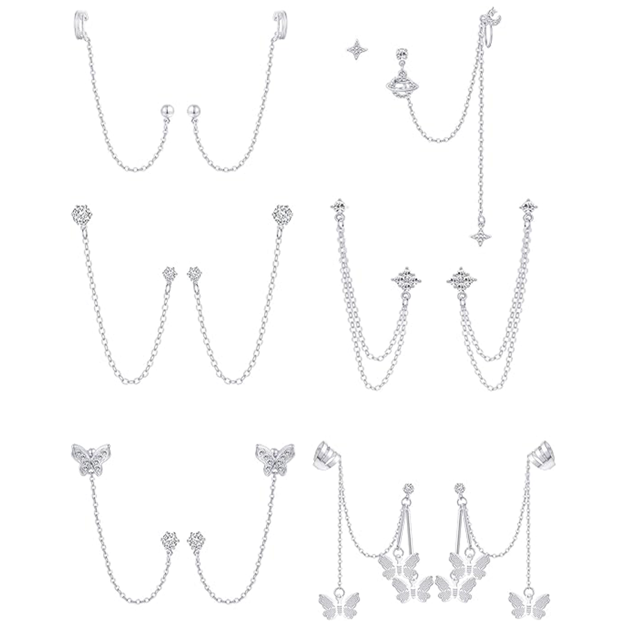 6 Pairs Cuff Earrings Chain Drop Dangle Earrings with CZ Inlaid Wrap Threader Tassel Earrings Cartilage Double Piercing Holes Stainless Steel Earring 