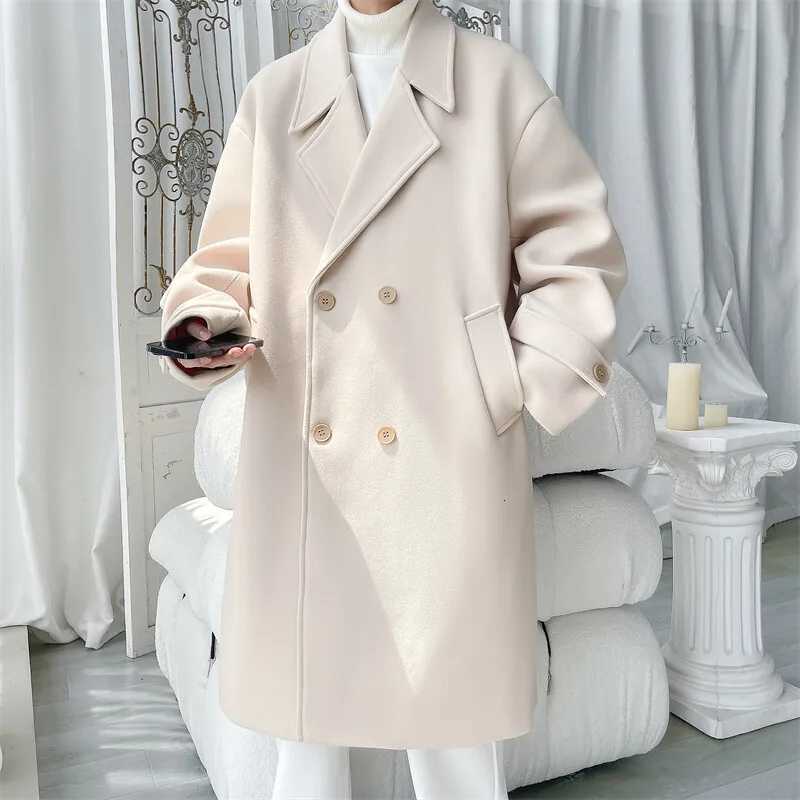 Korean Mens Wool Blend Coat XLong Notched Collar Double Breasted Pea Coat Trench OvercoatT251025